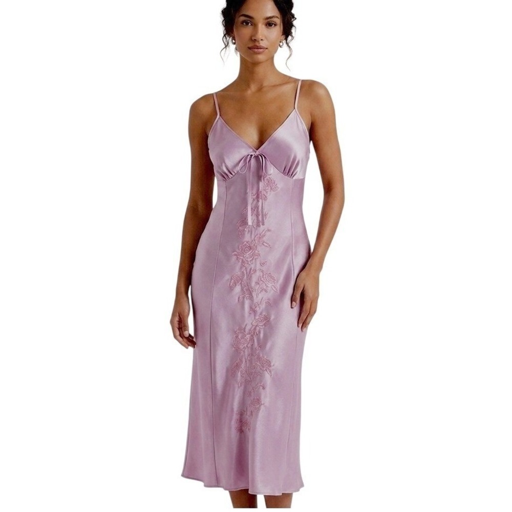 Jones New York Nightgown Womens Large Pink Satin Floral Embroidered Slip Dress - Picture 1 of 13